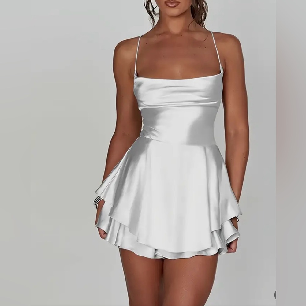 White Satin Cowl Neck Backless Mini Dress - NWOT - Picture 2 of 7